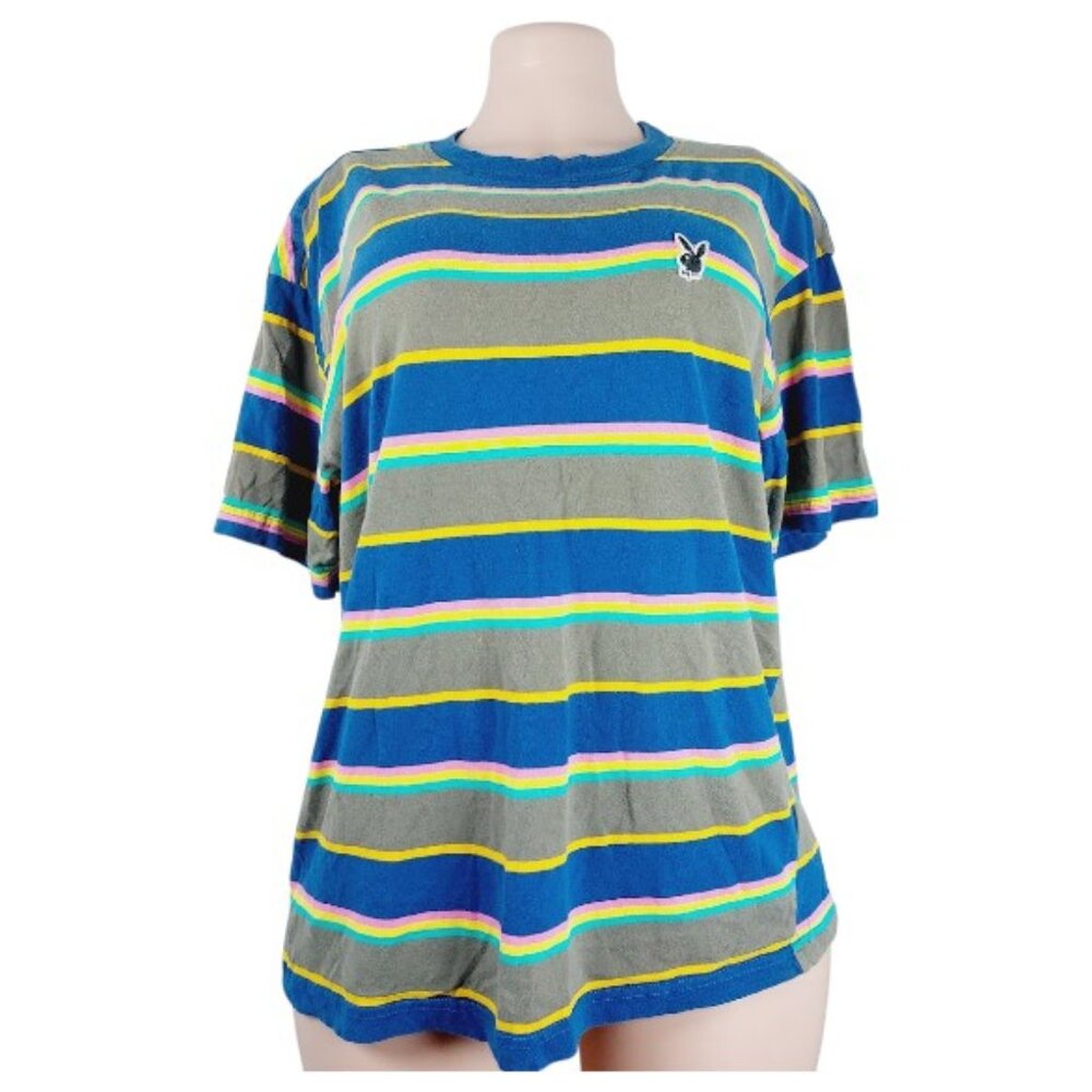 Playboy Women's Multicolor Striped Short Sleeve Casual Basic T-Shirt Size M